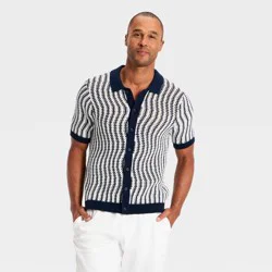 Men's Short Sleeve Full Button Verticle Striped Open Work Sweater Polo - Goodfellow & Co™ Blue XL