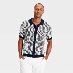 Men's Short Sleeve Full Button Verticle Striped Open Work Sweater Polo - Goodfellow & Co™ Blue XL