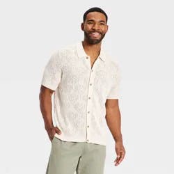 Men's Short Sleeve Open Work Crochet Polo Sweater - Goodfellow & Co™ Oatmeal XXL