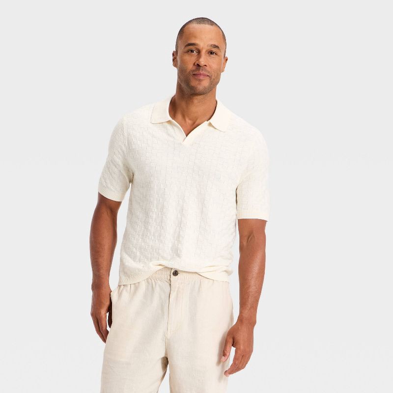 slide 1 of 3, Men's Short Sleeve Johnny Collar Sweater Polo - Goodfellow & Co™ Cream XXL, 1 ct