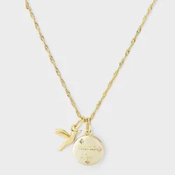 14k Gold Dipped Cubic Zirconia "Mama Bird" Disc with Stars & Bird Charm Necklace - A New Day™ Gold