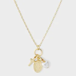 14k Gold Dipped Faith Marian Medal with Heart Pearl and Cross Charm Necklace - Gold