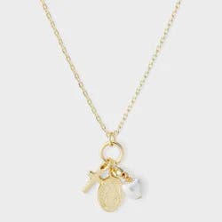 14k Gold Dipped Faith Marian Medal with Heart Pearl and Cross Charm Necklace - Gold