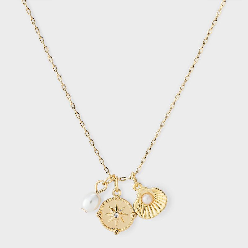 slide 1 of 4, 14k Gold Dipped Cubic Zirconia Star Pearl & Shell Necklace - Gold, 1 ct