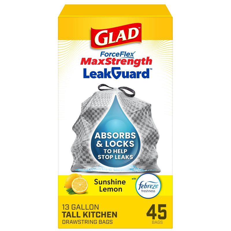 slide 1 of 10, Glad ForceFlex MaxStrength Drawstring LeakGuard Trash Bags - Sunshine Lemon - 13 Gallon - 45ct, 45 ct; 13 gal