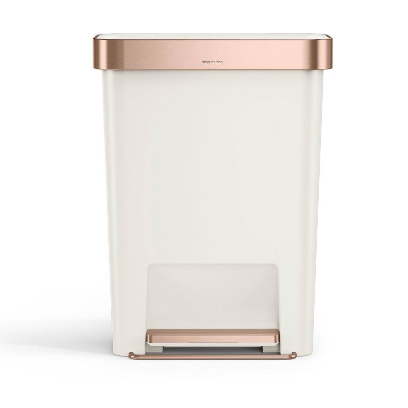 slide 1 of 6, simplehuman 45L Rectangular Plastic Liner Rim Step Trash Can Cream with Rose Gold, 45 liter