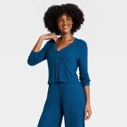Women's Cozy Ribbed Long Sleeve Button Front Cardi - Auden™ Dark Blue M