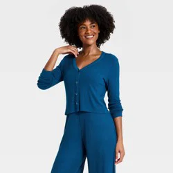 Women's Cozy Ribbed Long Sleeve Button Front Cardi - Auden™ Dark Blue XL