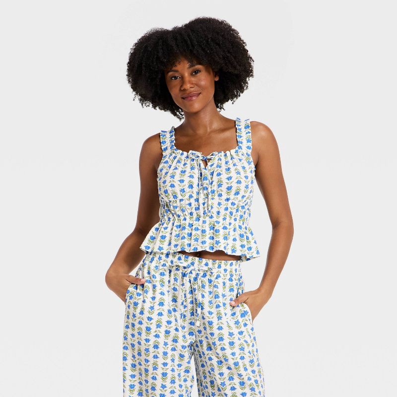 slide 1 of 3, Women's Ruffle Seersucker Tie-Front Tank Top - Auden™ Blue Floral XS, 1 ct