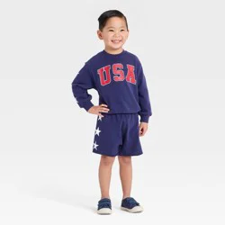 Grayson Mini Toddler Boys' 2pc Americana USA Crewneck Sweatshirt & Shorts Set - Navy Blue 2T