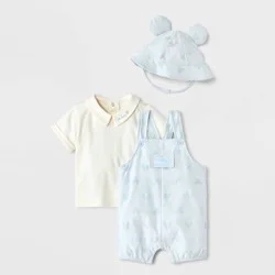Baby Boys' 3pc Disney Mickey Mouse Bodysuit & Shorts Overalls Set with Hat - Blue 0-3M