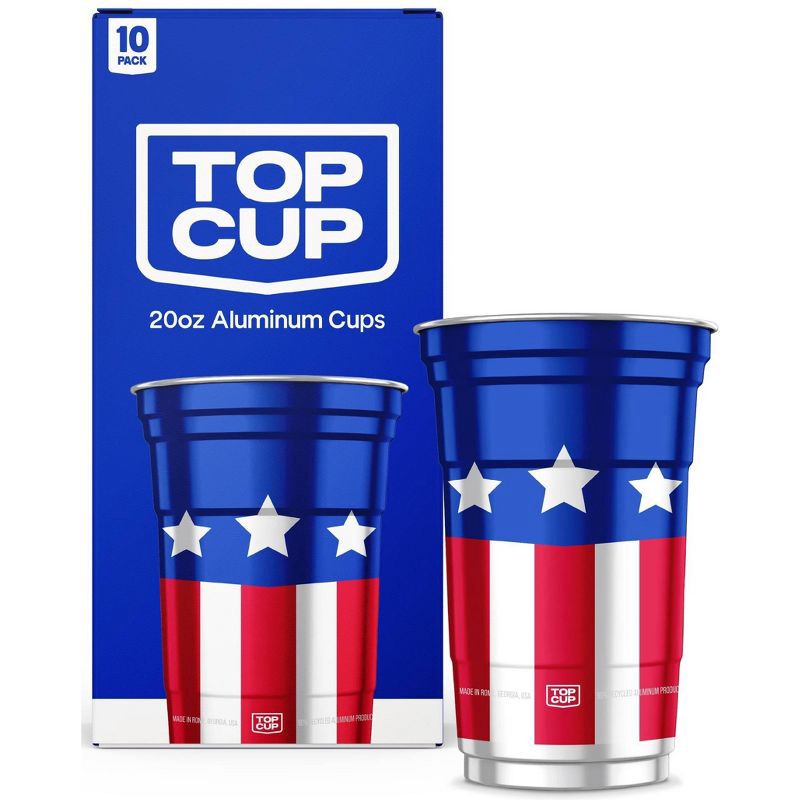 slide 1 of 8, Top Cup Seasonal Aluminum Cups - 20oz/10ct: Aluminum, Brushed Silver Finish, Patterned Logo, 10 Count, 20 oz, 10 ct, 10 ct