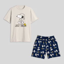 Men's Peanuts Snoopy "Just Tired" Short Sleeve Pajama Set - Natural/Navy Blue S