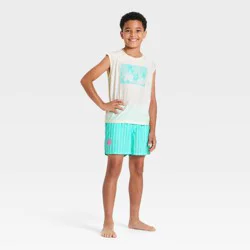 Boys' 2pc Beach Vibes Muscle Tank & Pinstripe Trunk Rash Guard Set - art class™ Chiffon Cream/Blue Paradise L