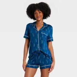 Women's Cloud Knit Short Sleeve Notch Collar Shirt and Shorts Pajama Set - Auden™ Blue Seahorse L