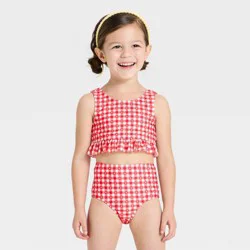 Toddler Girls' Gingham Star Printed Ruffle Bow Back Bikini - Cat & Jack™ Red 5T