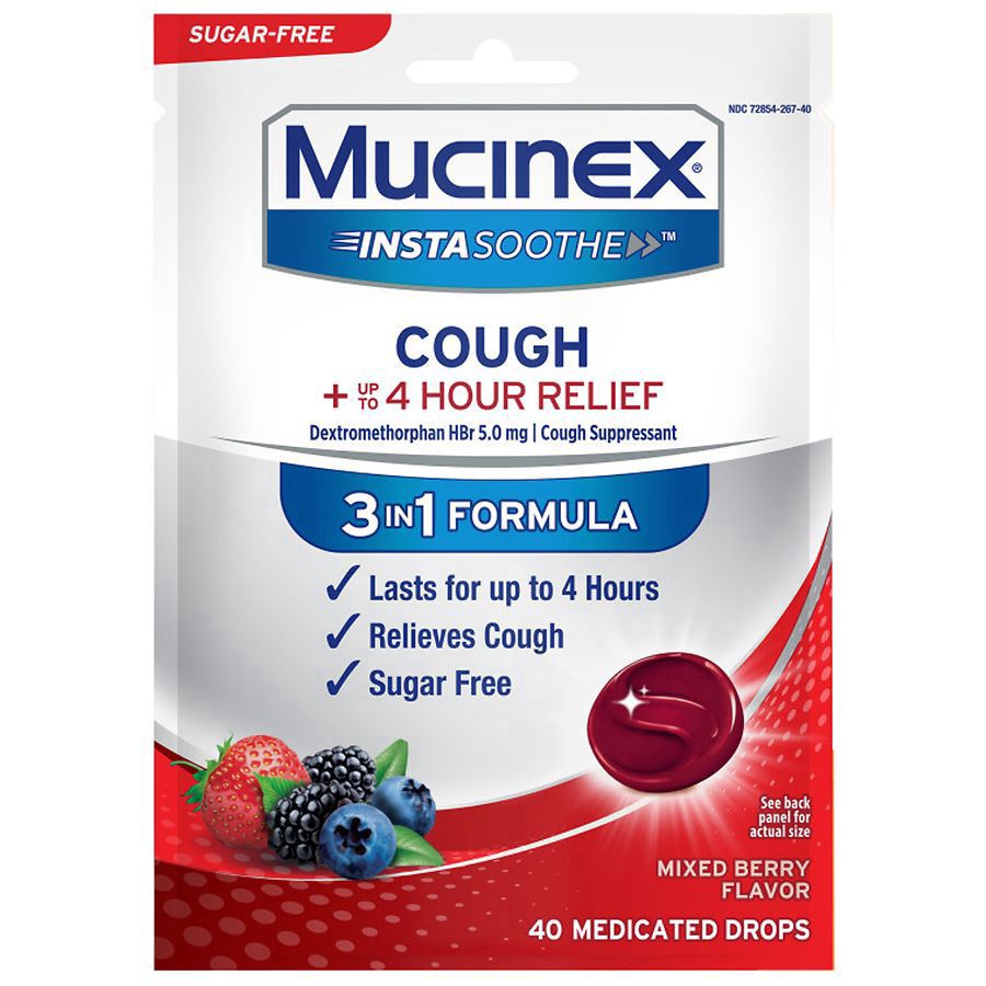 slide 1 of 5, Mucinex InstaSoothe 3 in 1 Formula Mixed Berry Flavor Cough Drops 40 ea, 40 ct