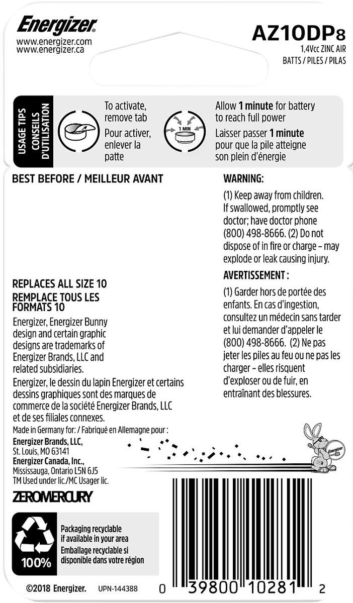 slide 2 of 3, Energizer Hearing Aid Batteries Size 10, Yellow Tab, 8 Pack, 8 ct