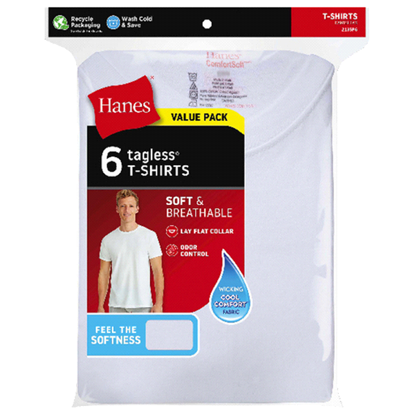 slide 1 of 4, Hanes Men's White TAGLESS Crewneck Undershirt White, Large, 6 ct