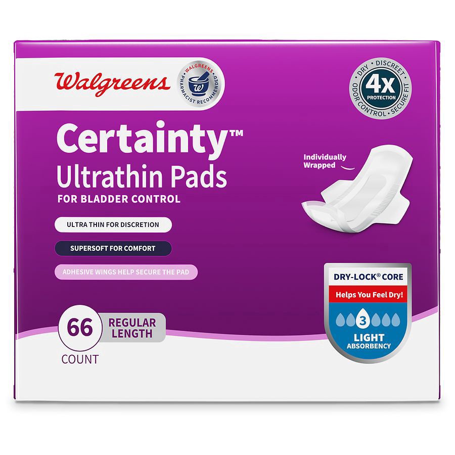 slide 1 of 5, Walgreens Certainty Women's UltraThin Light Pads With Wings, regular 66 ct