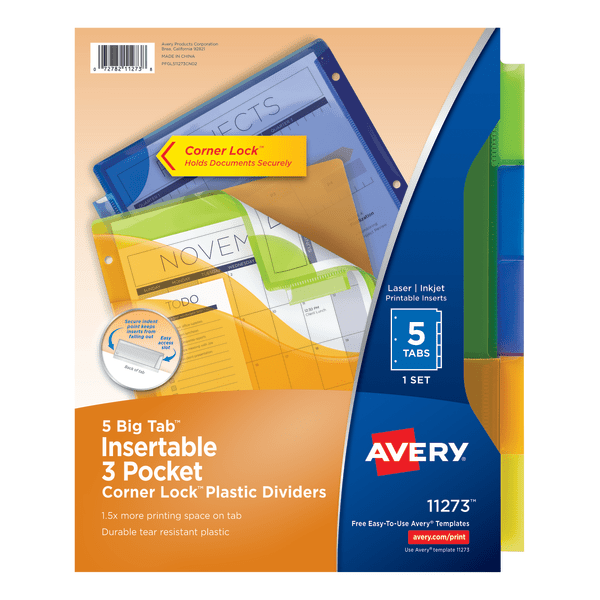 slide 1 of 5, Avery Big Tab 3-Pocket Insertable Corner Lock Plastic Dividers, 5-Tab, Multicolor, 9 1/4 in x 11 1/8 in
