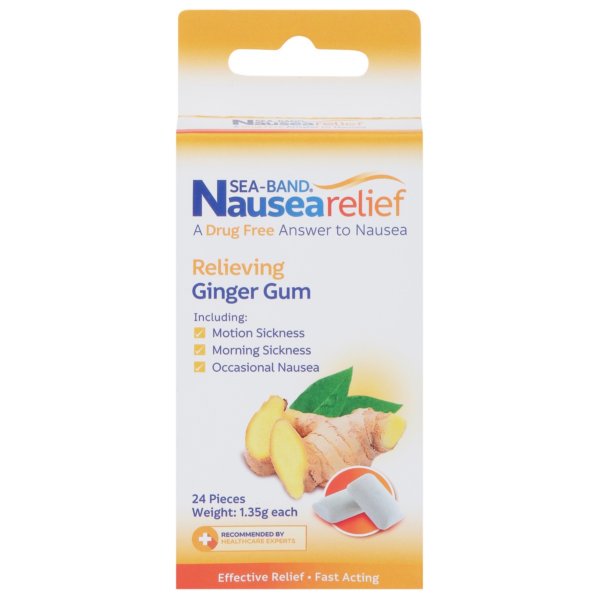 slide 1 of 9, Sea-Band Nausea Relief Relieving Ginger Gum 24 ea, 24 ct