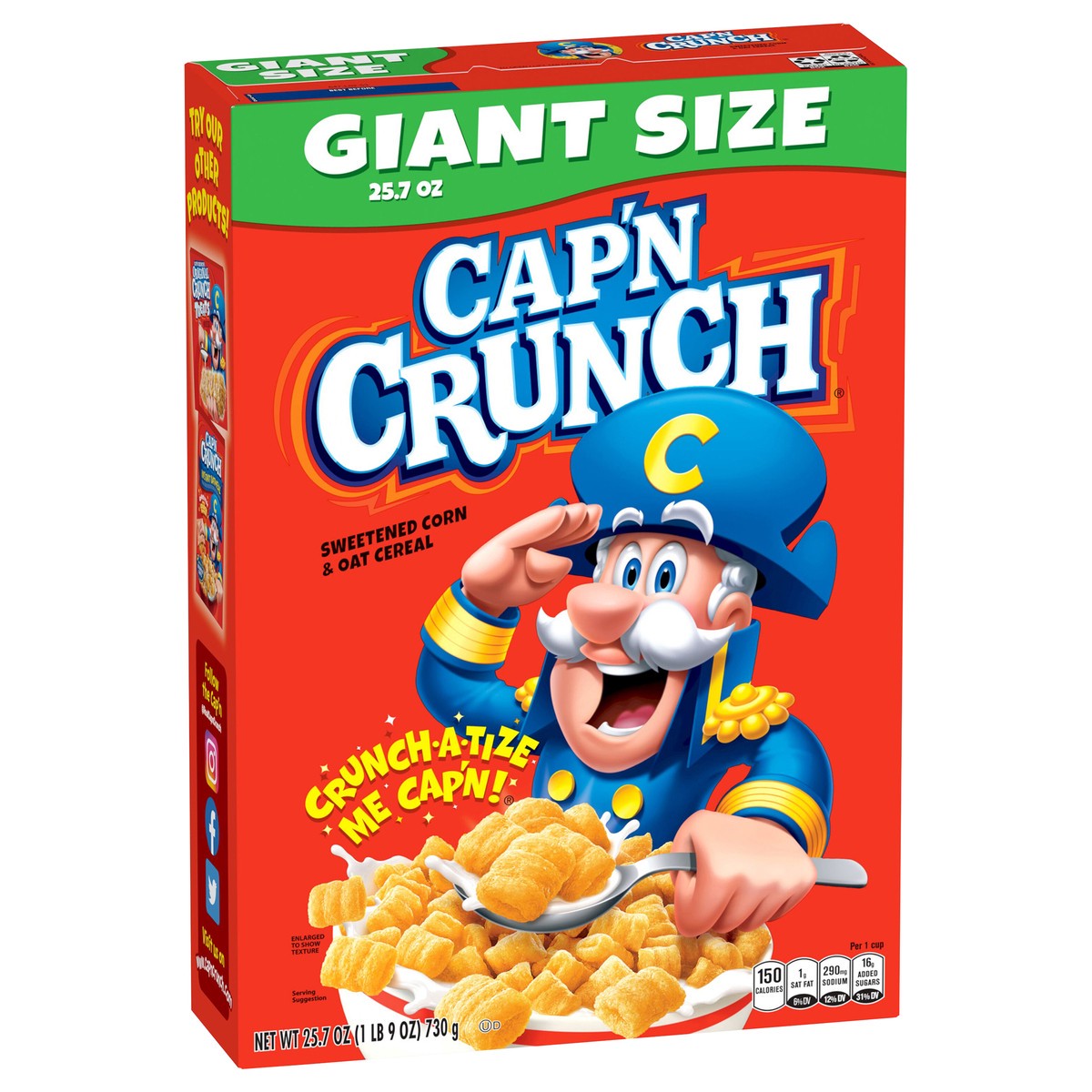 slide 3 of 8, Cap'n Crunch Sweetened Corn & Oat Cereal, Giant Size, 25.7 oz