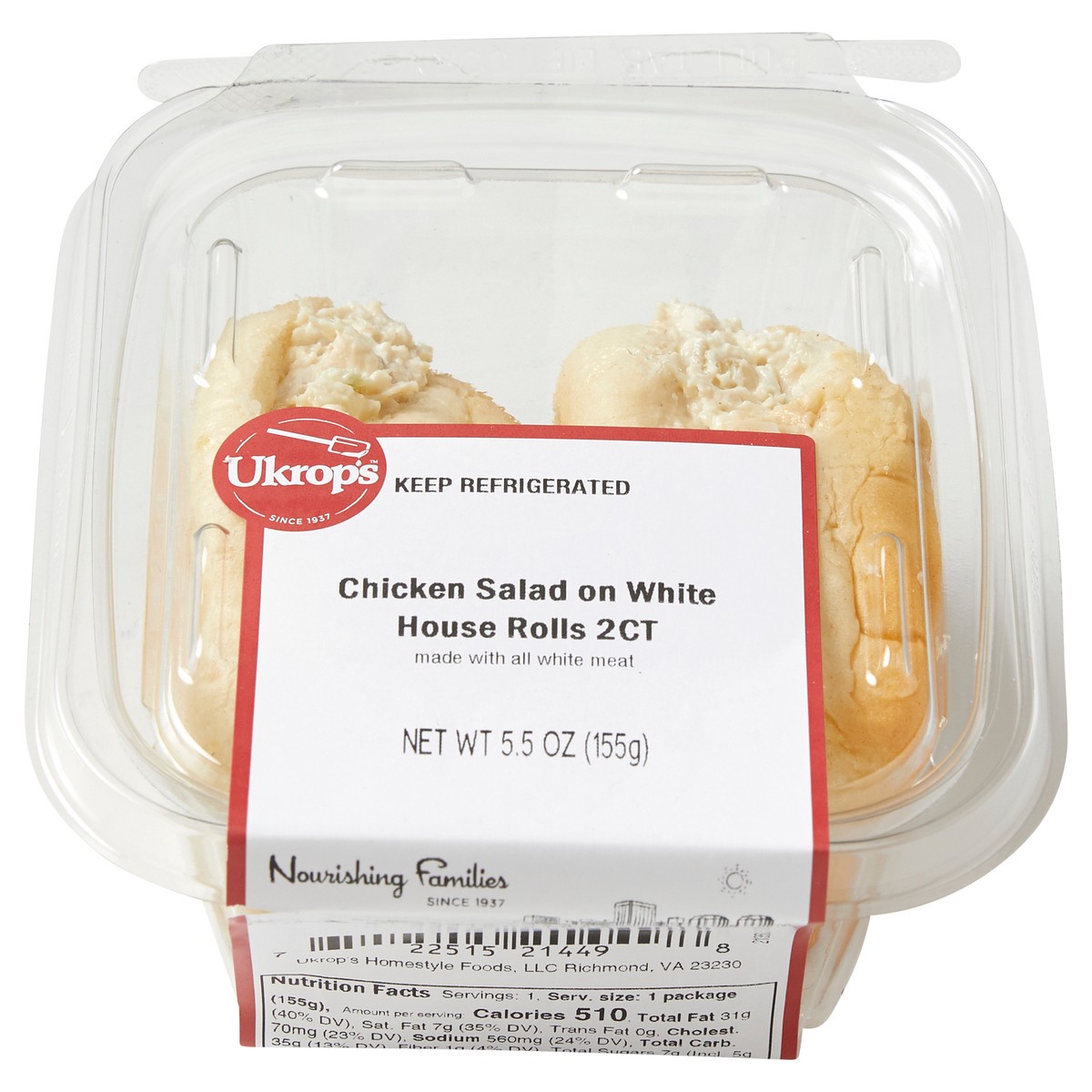 slide 1 of 1, Ukrop's Chicken Salad on White House Rolls 2CT, 5.5 oz