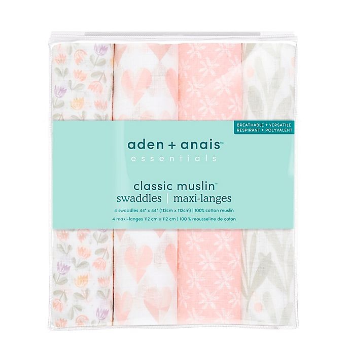 slide 3 of 5, aden + anais essentials Piece of Heart Cotton Muslin Swaddle Blankets - Pink, 4 ct