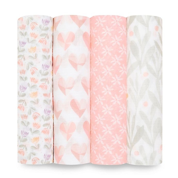 slide 1 of 5, aden + anais essentials Piece of Heart Cotton Muslin Swaddle Blankets - Pink, 4 ct
