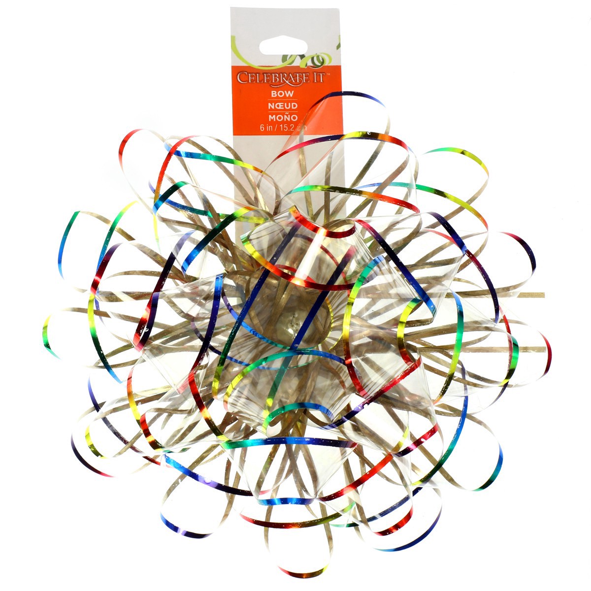 slide 2 of 3, Clear & Rainbow Jumbo Bow By Celebrate It, 6 in