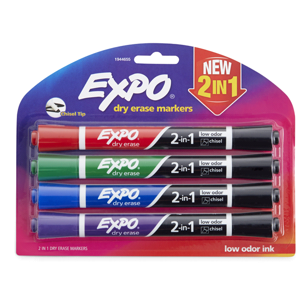 slide 1 of 9, Expo 2-In-1 Dry-Erase Markers, Chisel Tip, Assorted Ink Colors, Pack Of 4, 4 ct