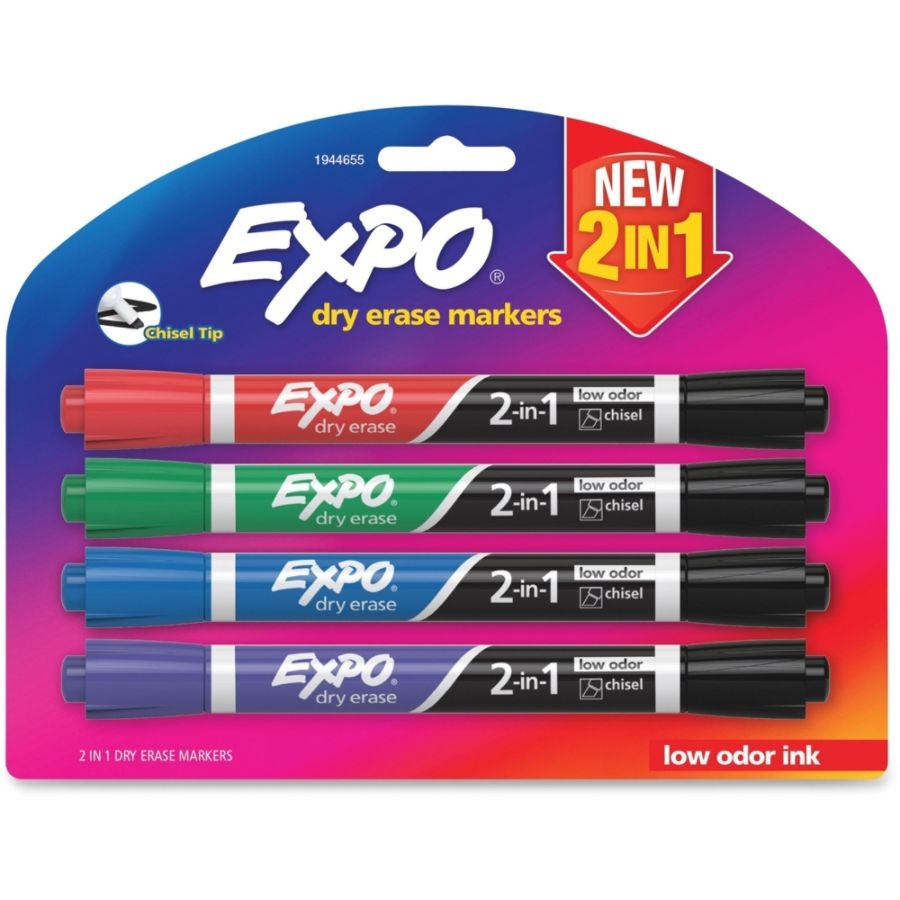 slide 9 of 9, Expo 2-In-1 Dry-Erase Markers, Chisel Tip, Assorted Ink Colors, Pack Of 4, 4 ct