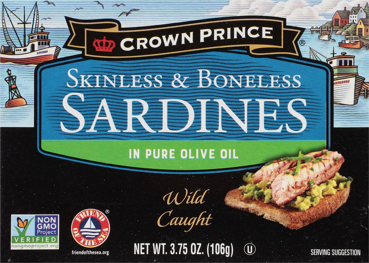 slide 2 of 9, Crown Prince Skinless & Boneless Sardines in Pure Olive Oil 3.75 oz, 3.75 oz