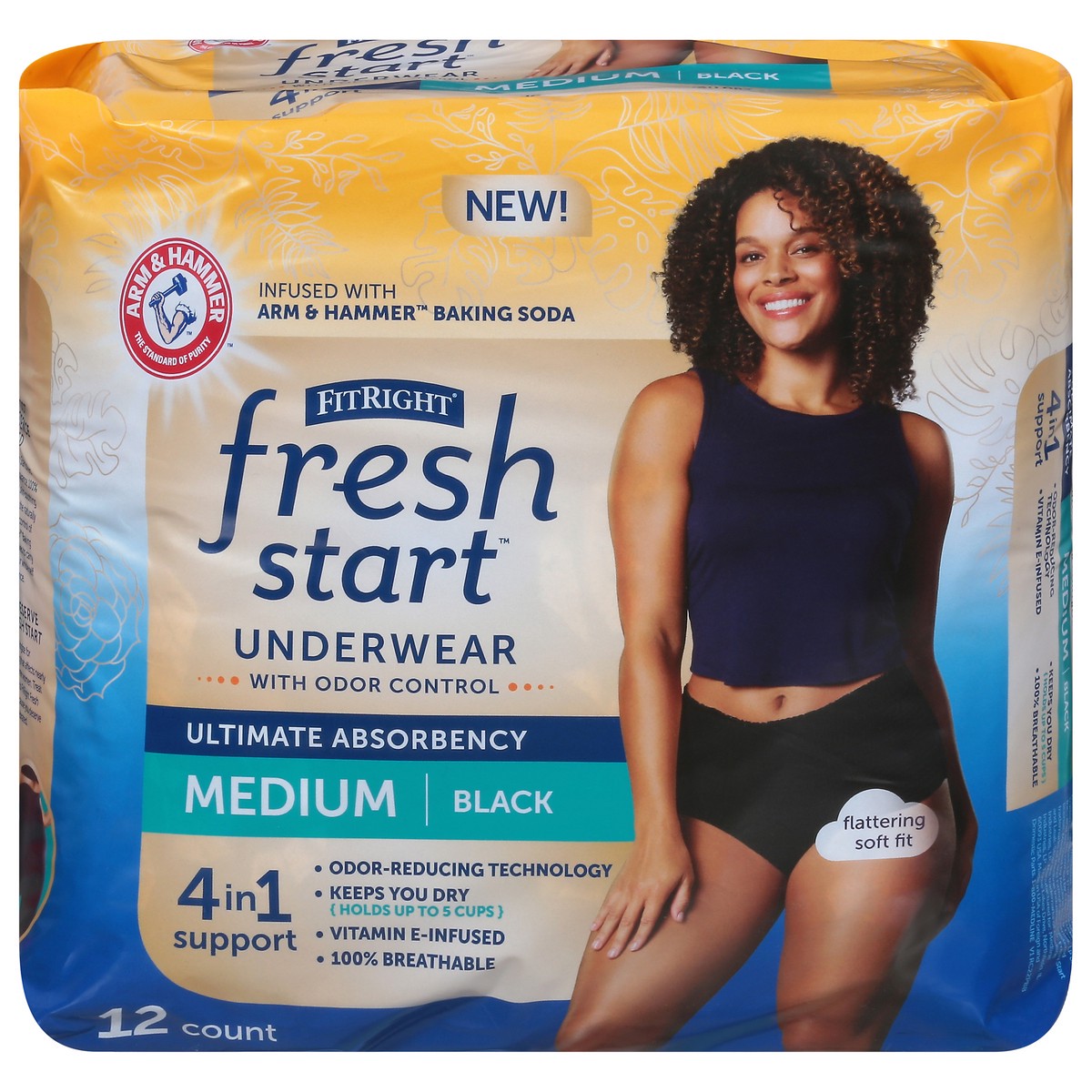 slide 1 of 1, ARM & HAMMER FitRight Fresh Start Black Ultimate Absorbency Underwear with Odor Control Medium 12 ea, 12 ct