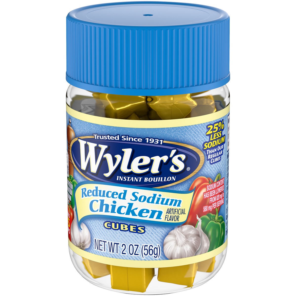 slide 5 of 9, Wyler's Instant Bouillon Chicken Flavored Cubes with Reduced Sodium, 2 oz Jar, 2 oz