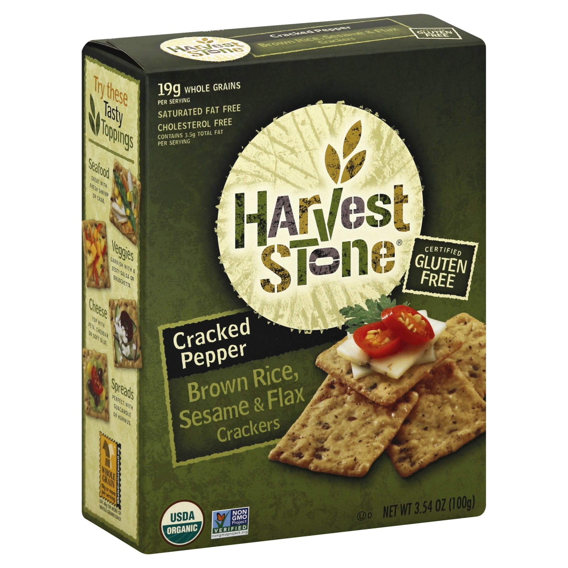 slide 1 of 1, Harvest Stone Brown Rice, Sesame & Flax Seed Crackers Cracked Pepper, 3.54 oz