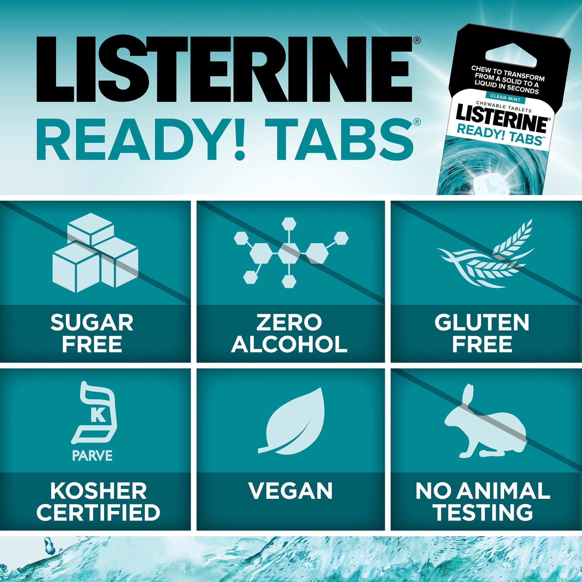 slide 5 of 5, Listerine Ready! Tabs Chewable Tablets with Clean Mint Flavor, Revolutionary 4-Hour Fresh Breath Tablets to Help Fight Bad Breath On-the-Go, Sugar-Free, Alcohol-Free & Kosher, 8 ct, 8 ct