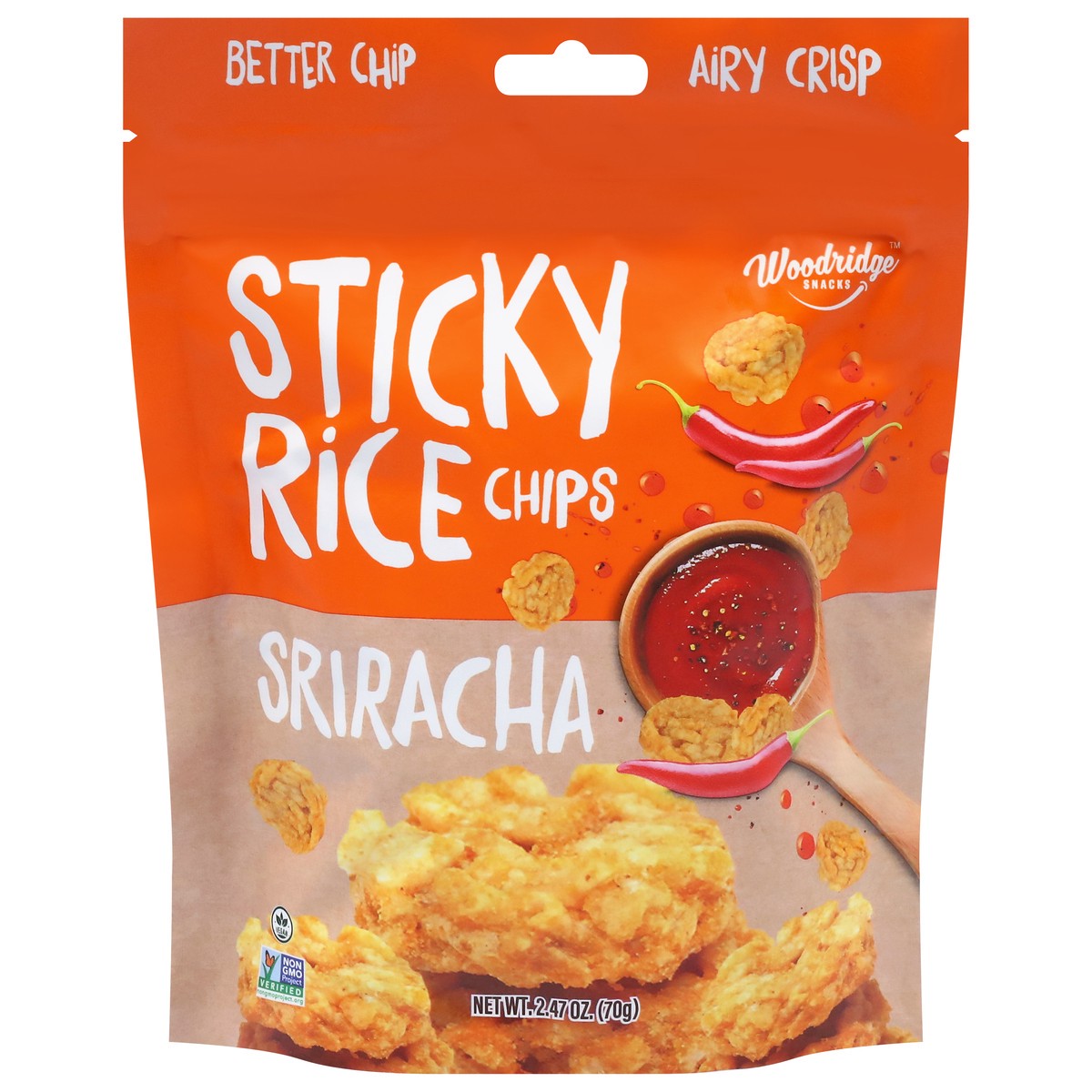 slide 3 of 4, Woodridge Snacks Sriracha Sticky Rice Chips 2.4 oz, 2.47 oz