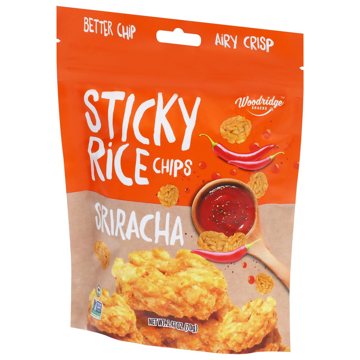 slide 2 of 4, Woodridge Snacks Sriracha Sticky Rice Chips 2.4 oz, 2.47 oz