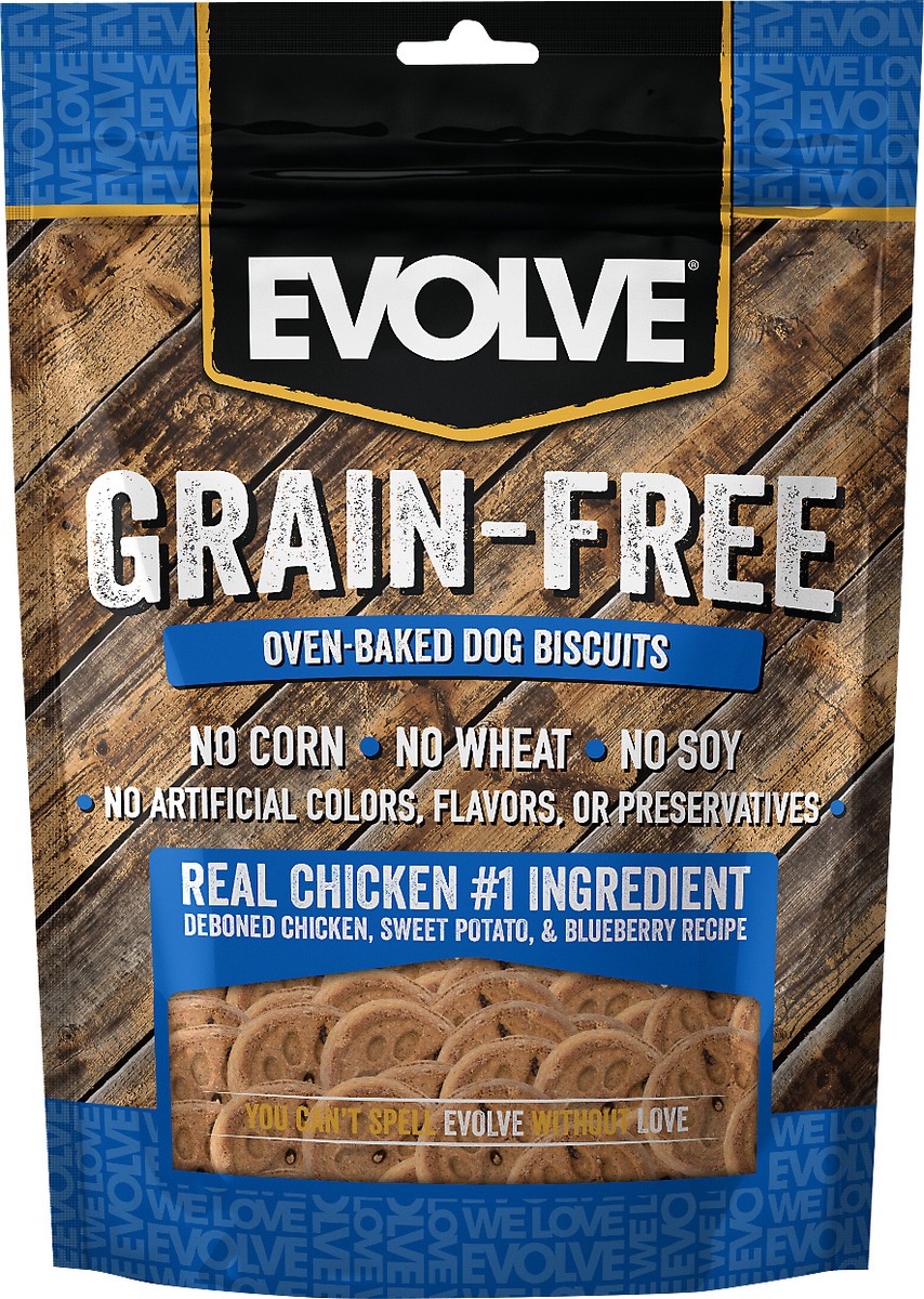 slide 1 of 9, Evolve Grain-Free Oven-Baked Deboned Chicken Sweet Potato & Blueberry Recipe Dog Biscuits 12 oz, 12 oz