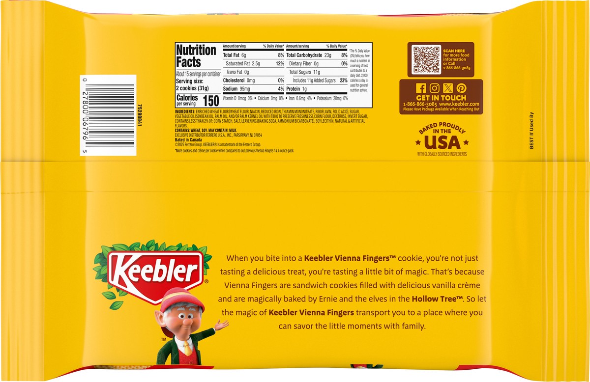 slide 14 of 15, KEEBLER Vienna Fingers Vanilla Cream Sandwich Cookies 16.3oz / 462g, 16.3 oz