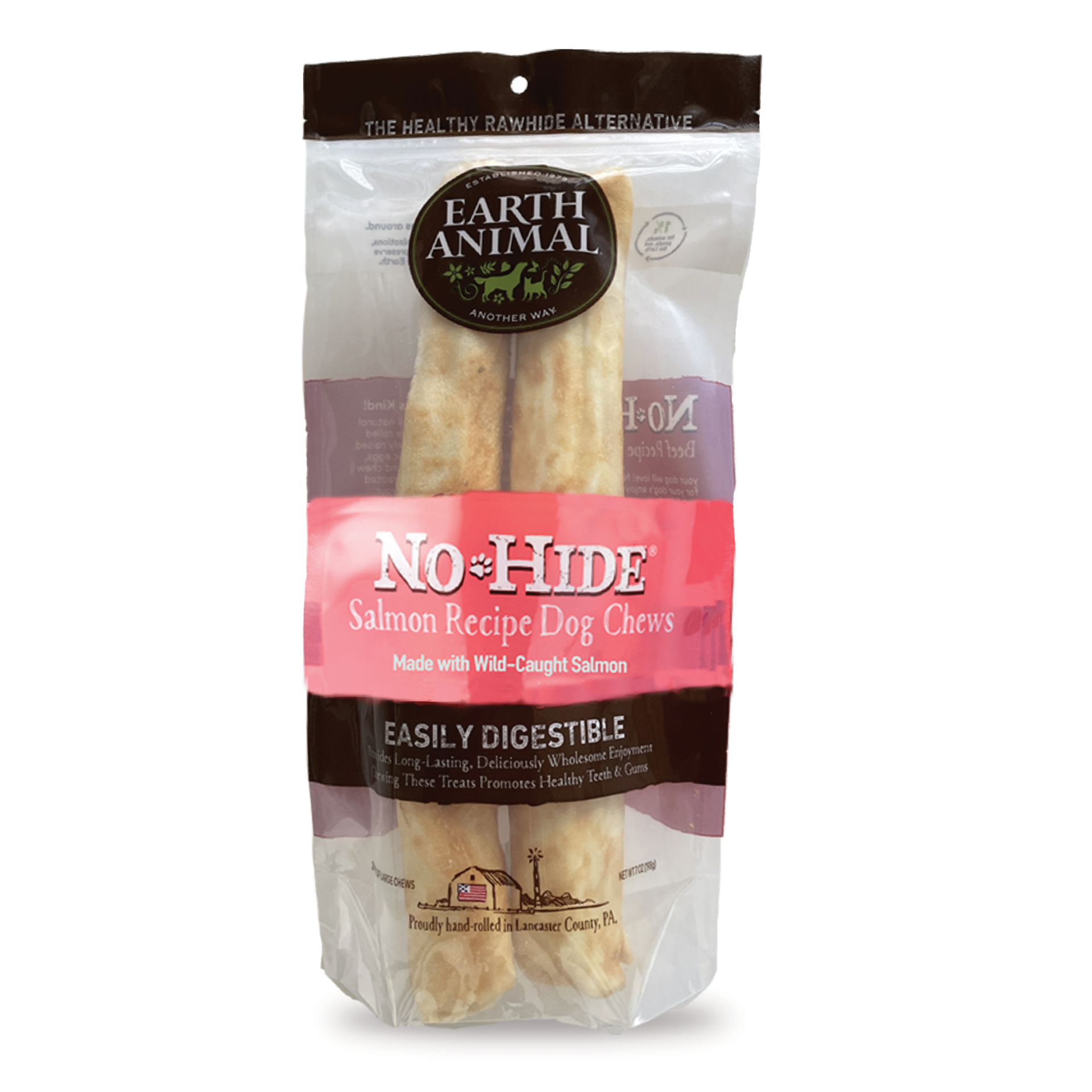 slide 1 of 4, Earth Animal No-Hide Wild-Caught Salmon Large Natural Rawhide Alternative Dog Chews, 2 Pack, 7 oz