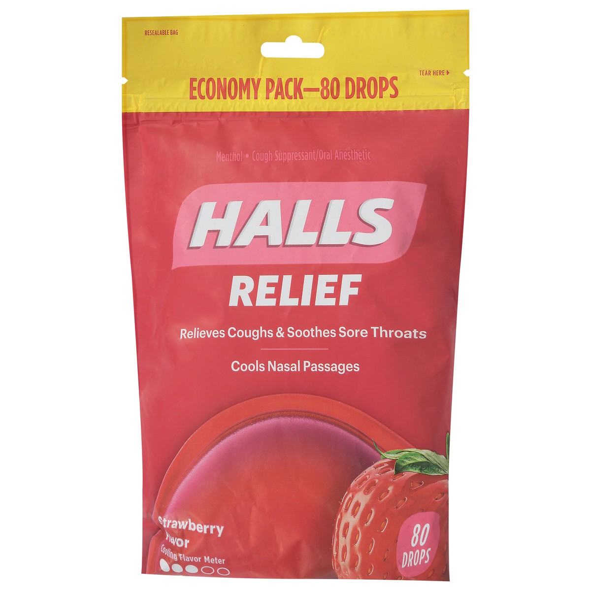slide 4 of 9, HALLS Relief Strawberry Cough Drops, Economy Pack, 80 Drops, 8.75 oz