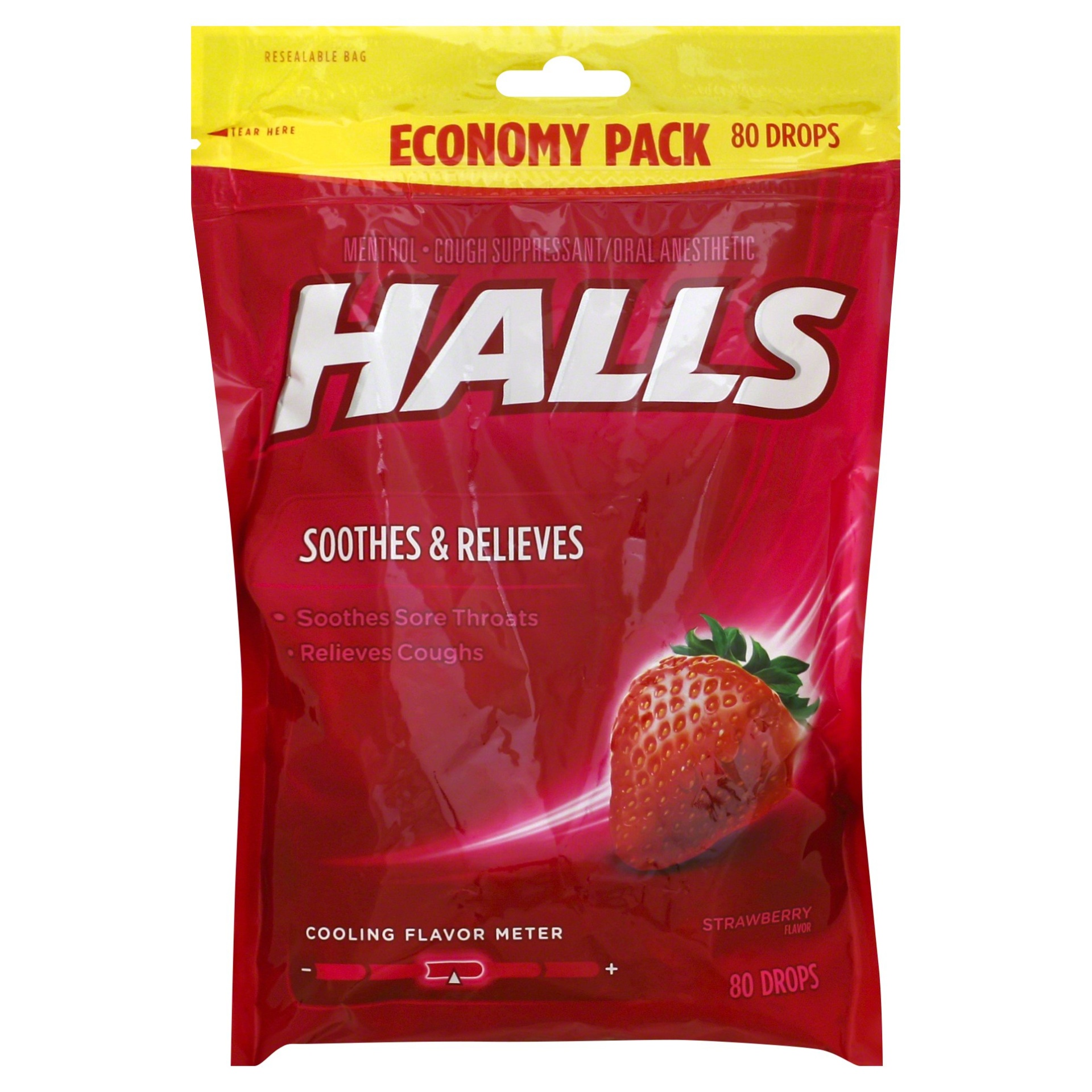 slide 1 of 5, Halls Strawberry Cough Suppressant/oral Anesthetic Menthol Drops, 80 ct