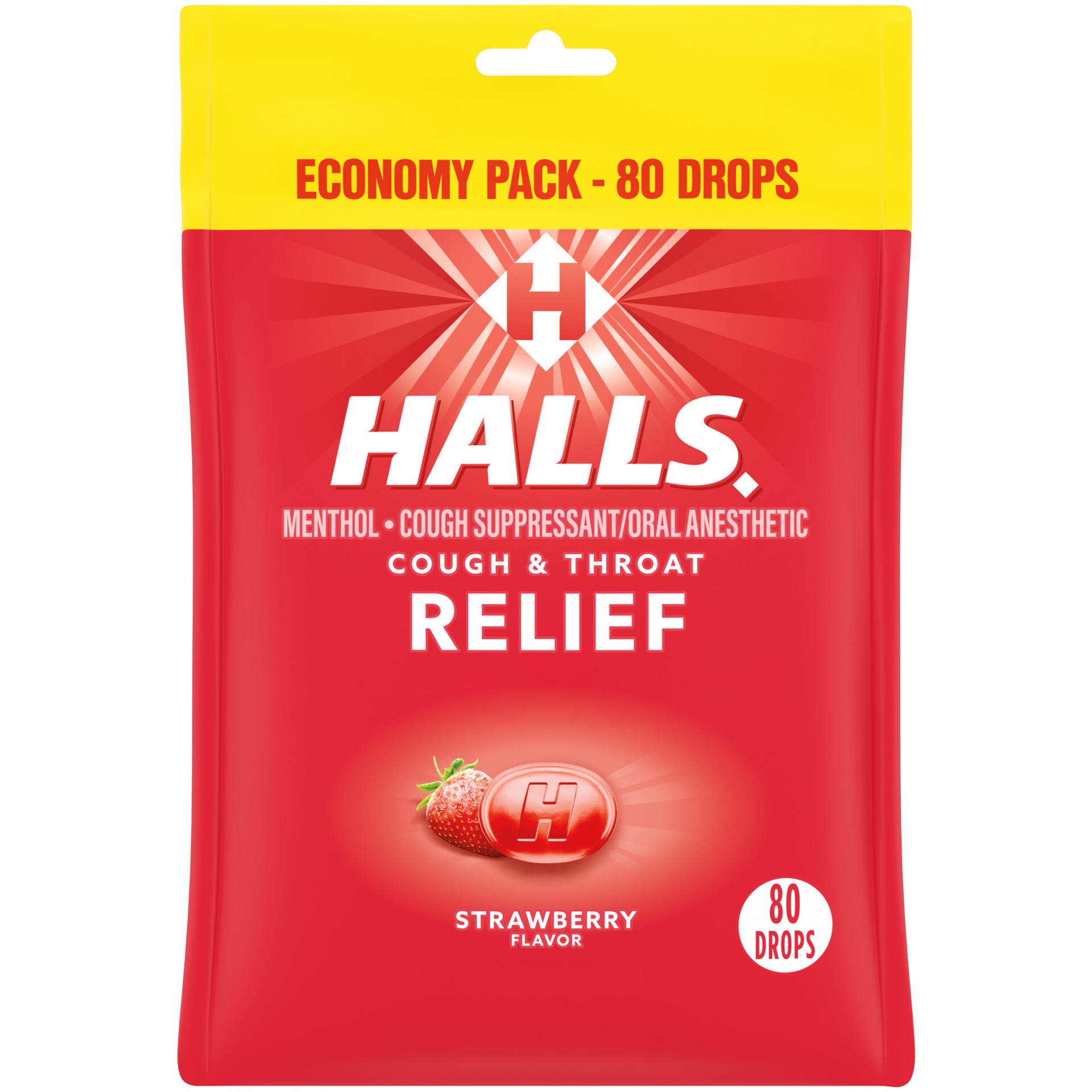 slide 1 of 9, HALLS Relief Strawberry Cough Drops, Economy Pack, 80 Drops, 8.75 oz