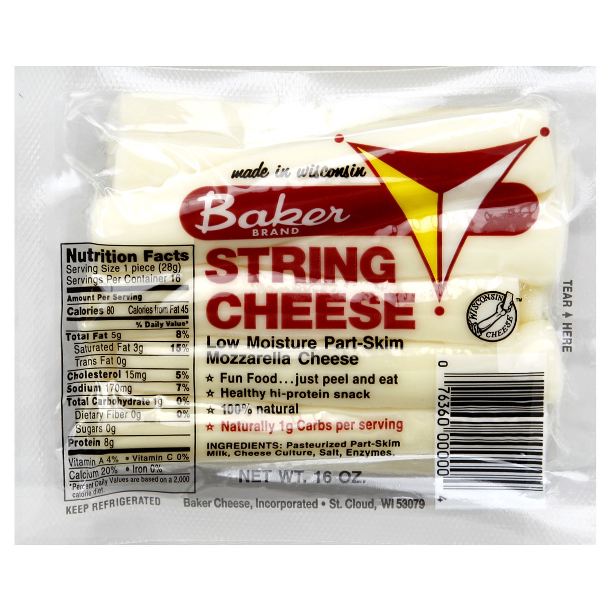 slide 3 of 5, Baker Cheese String Cheese 16 oz, 16 oz