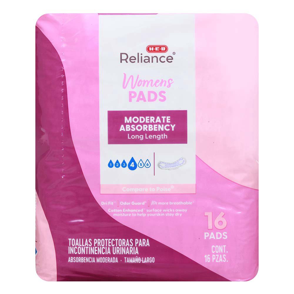 slide 1 of 1, H-E-B Reliance Moderate Absorbency Long Length Pads, 16 ct