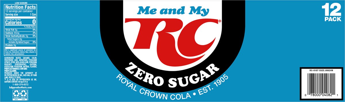 slide 4 of 10, RC Cola Cola Zero Sugar Soda, 12 fl oz cans, 12 pack, 12 ct; 12 oz