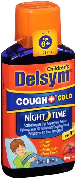 slide 1 of 1, Delsym Children's Cough Plus Cold Nighttime Medicine, 6 fl oz